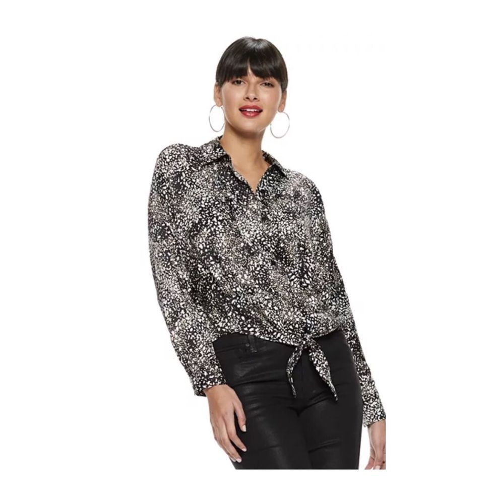 Nine WestTie Front Button Down long sleeve  Printed Shirt size XSP